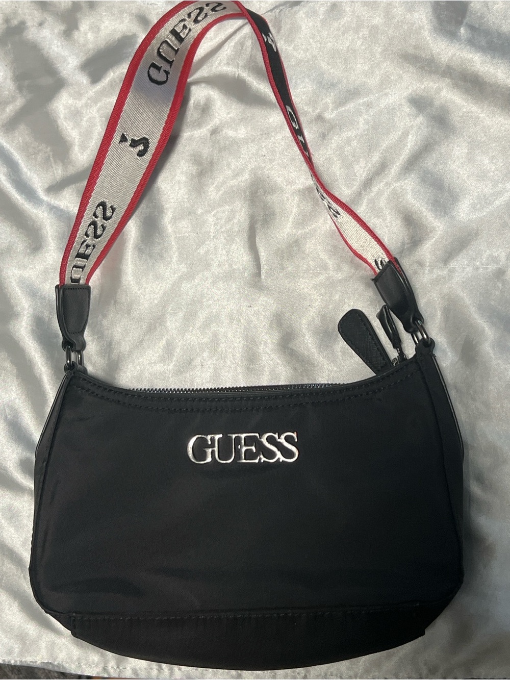 GUESS Black Shoulder Bag with Red & White Branded Strap